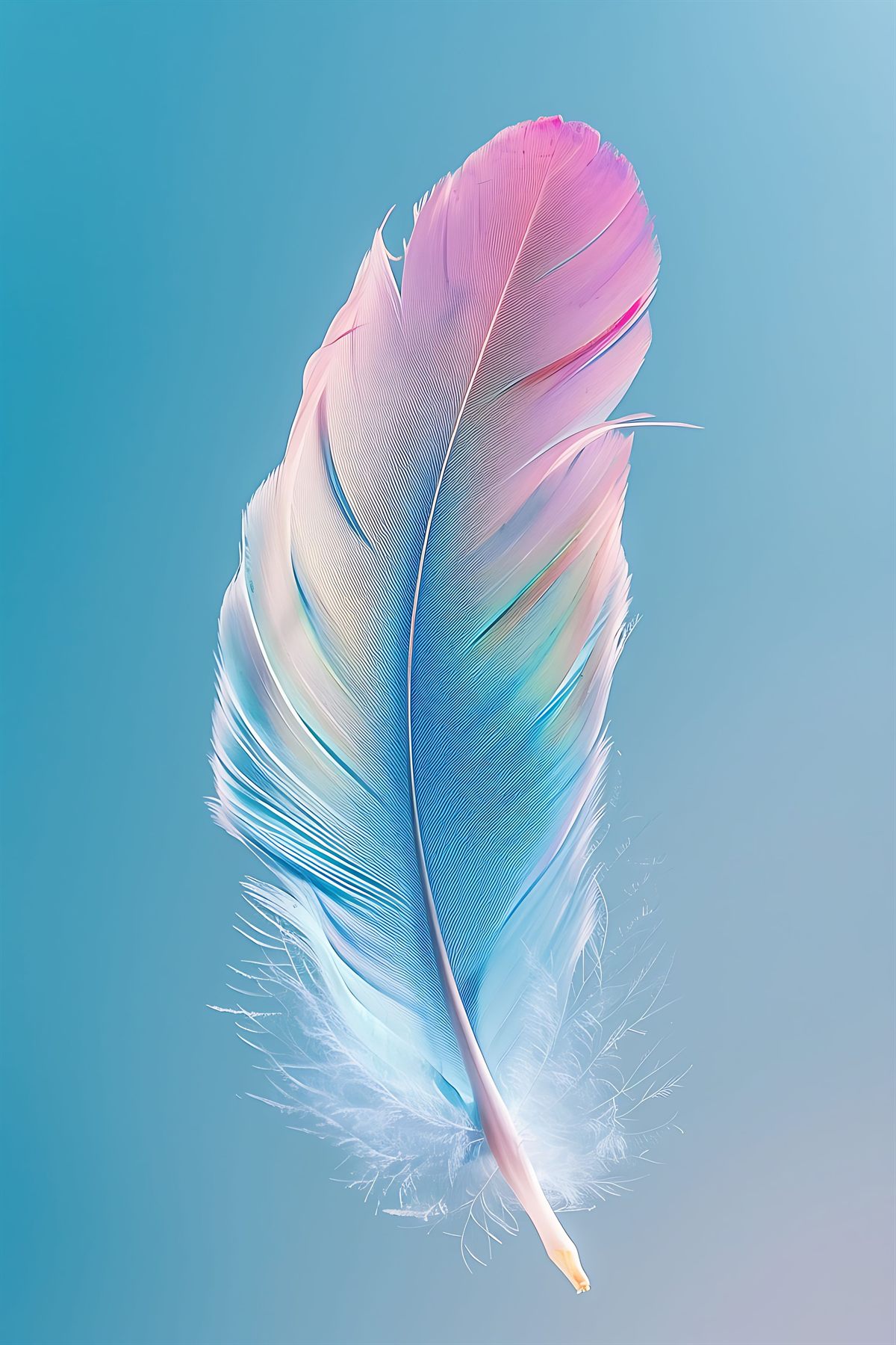 Plume iridescente aux teintes bleues et rosées, sur fond bleu doux